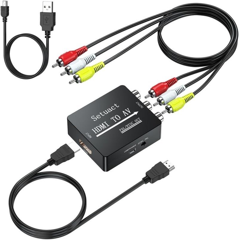 Setuact HDMI to AV Converter, HDMI to RCA Converter, Supports PAL/NTSC for Apple TV, Roku, Fire Stick, Blu-ray, DVD Player, Older TV, Projector, (with Male RCA and HDMI Cables) - Image 1